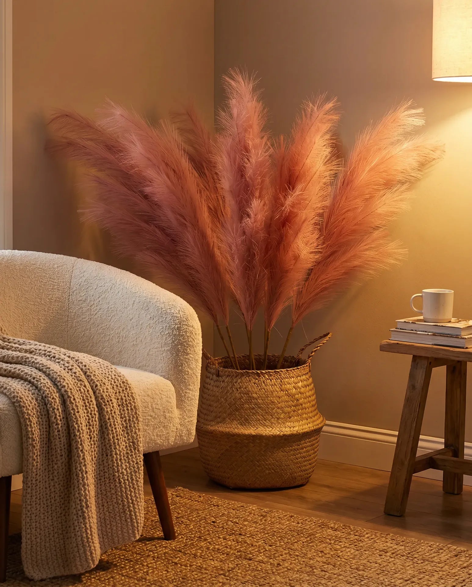 Rose pink faux pampas grass 3 stems in seagrass basket in cozy boho living room corner with boucle chair and warm amber lamp light
