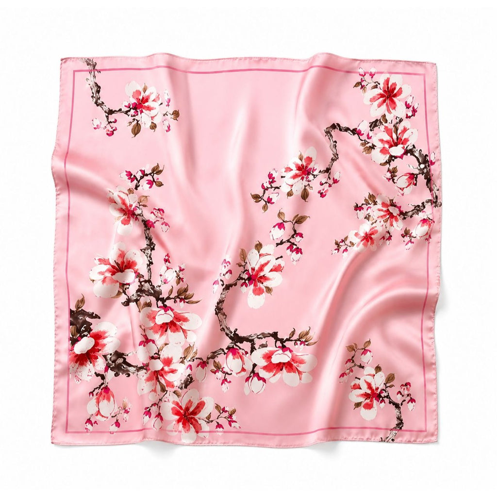 Pink Magnolia Satin Scarf 35x35 Floral Square Hair Head Neck Scarf for Women