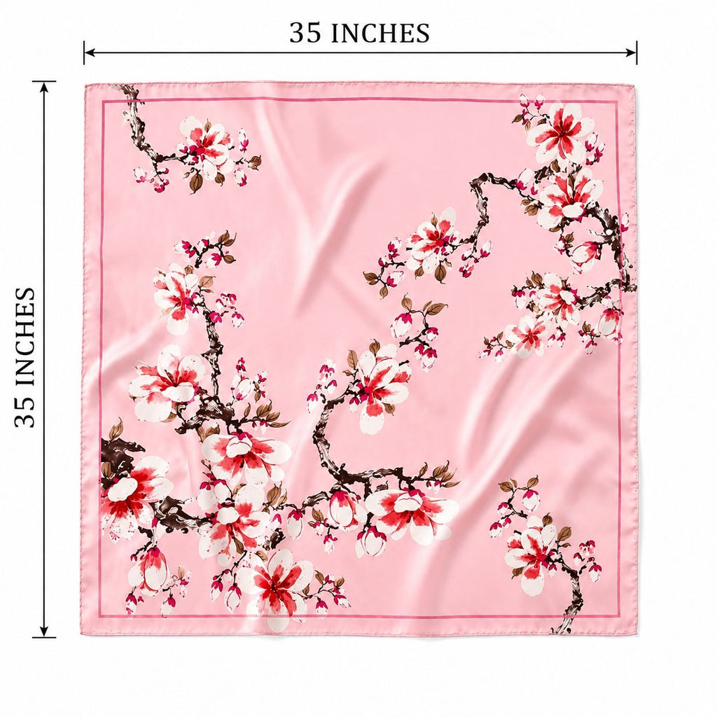 Pink Magnolia Satin Scarf 35x35 Floral Square Hair Head Neck Scarf for Women