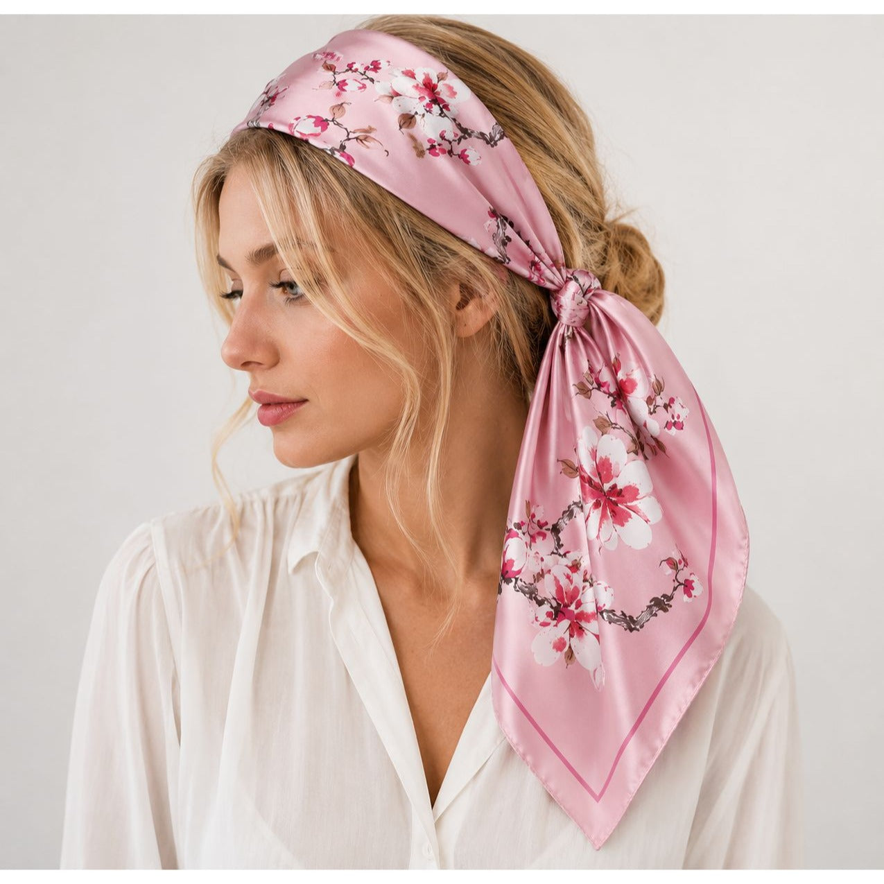 Pink Magnolia Satin Scarf 35x35 Floral Square Hair Head Neck Scarf for Women