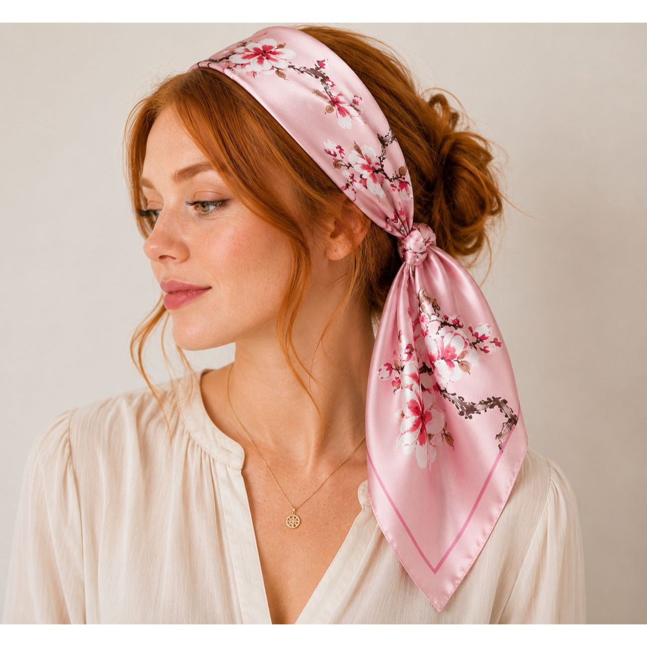 Pink Magnolia Satin Scarf 35x35 Floral Square Hair Head Neck Scarf for Women