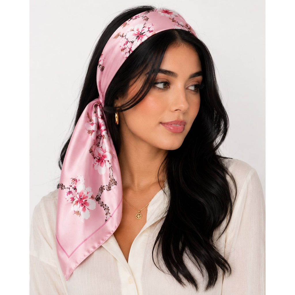 Pink Magnolia Satin Scarf 35x35 Floral Square Hair Head Neck Scarf for Women