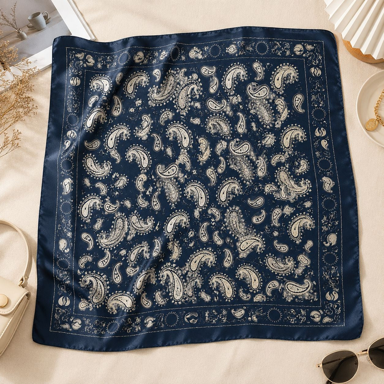 Navy Satin Paisley Scarf Women Square Hair Neck Scarf Boho Western Bandana 27x27 with accessories 