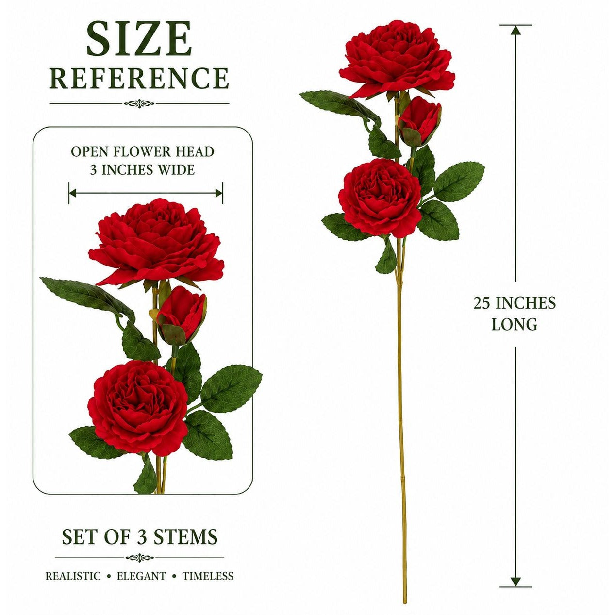 Red Garden Rose Stem Set of 3 Faux Roses Real Touch Open Bloom Floral Stem Wedding Decor Artificial Red Roses Cottagecore Decor