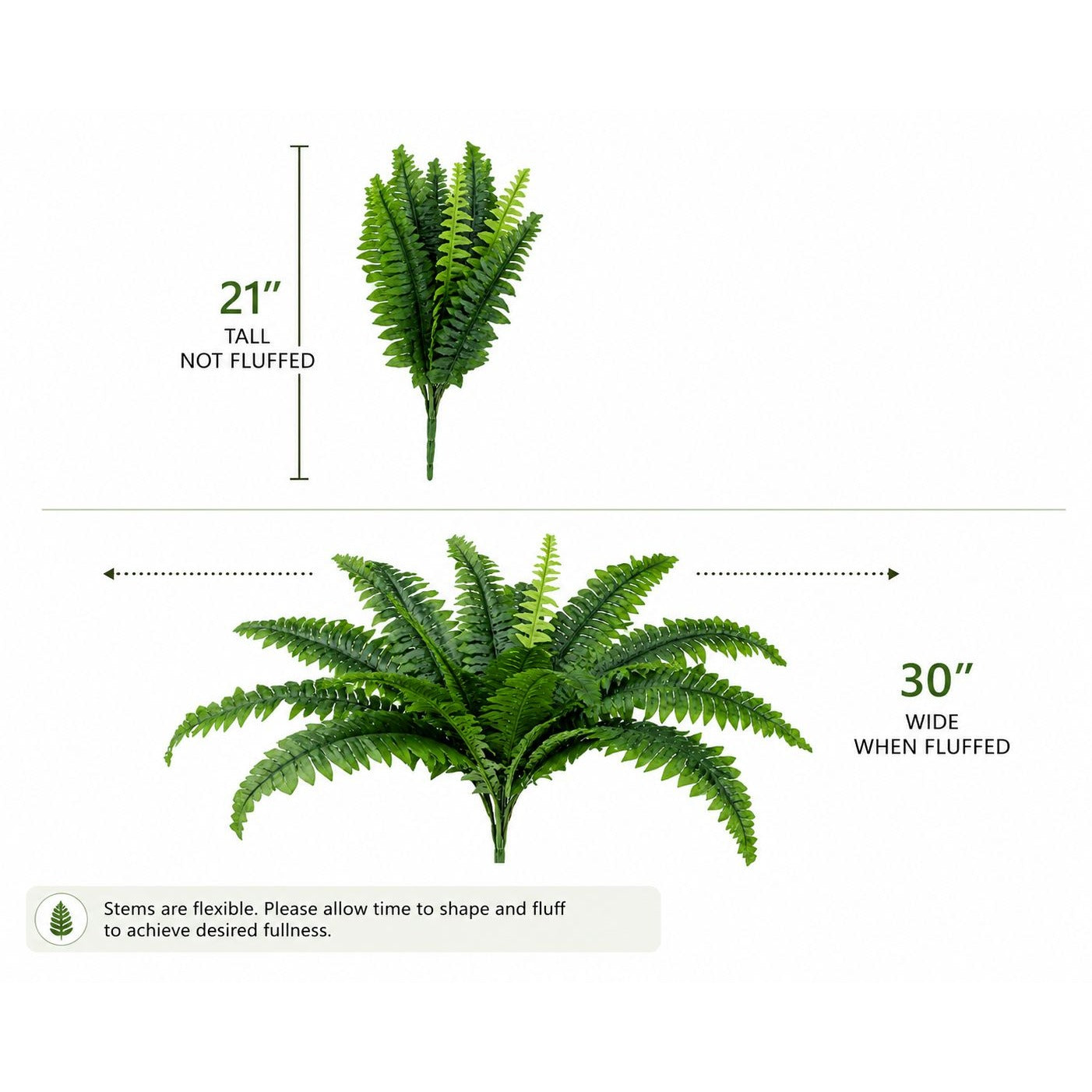 Set of 2 Faux Boston Fern Bushes 21 Inch Artificial Fern Greenery Bushes Realistic Indoor Outdoor Planter Filler Decor