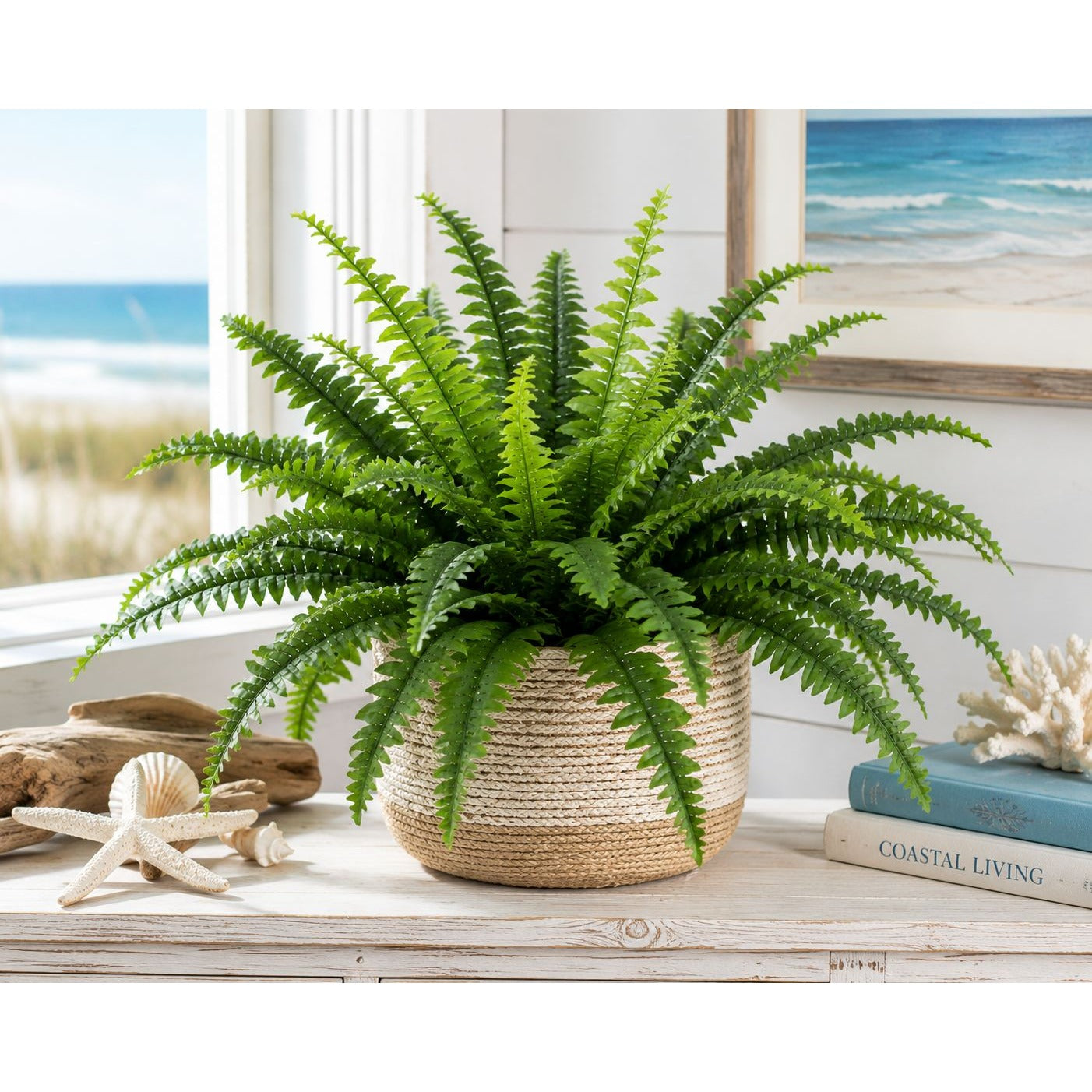Set of 2 Faux Boston Fern Bushes 21 Inch Artificial Fern Greenery Bushes Realistic Indoor Outdoor Planter Filler Decor
