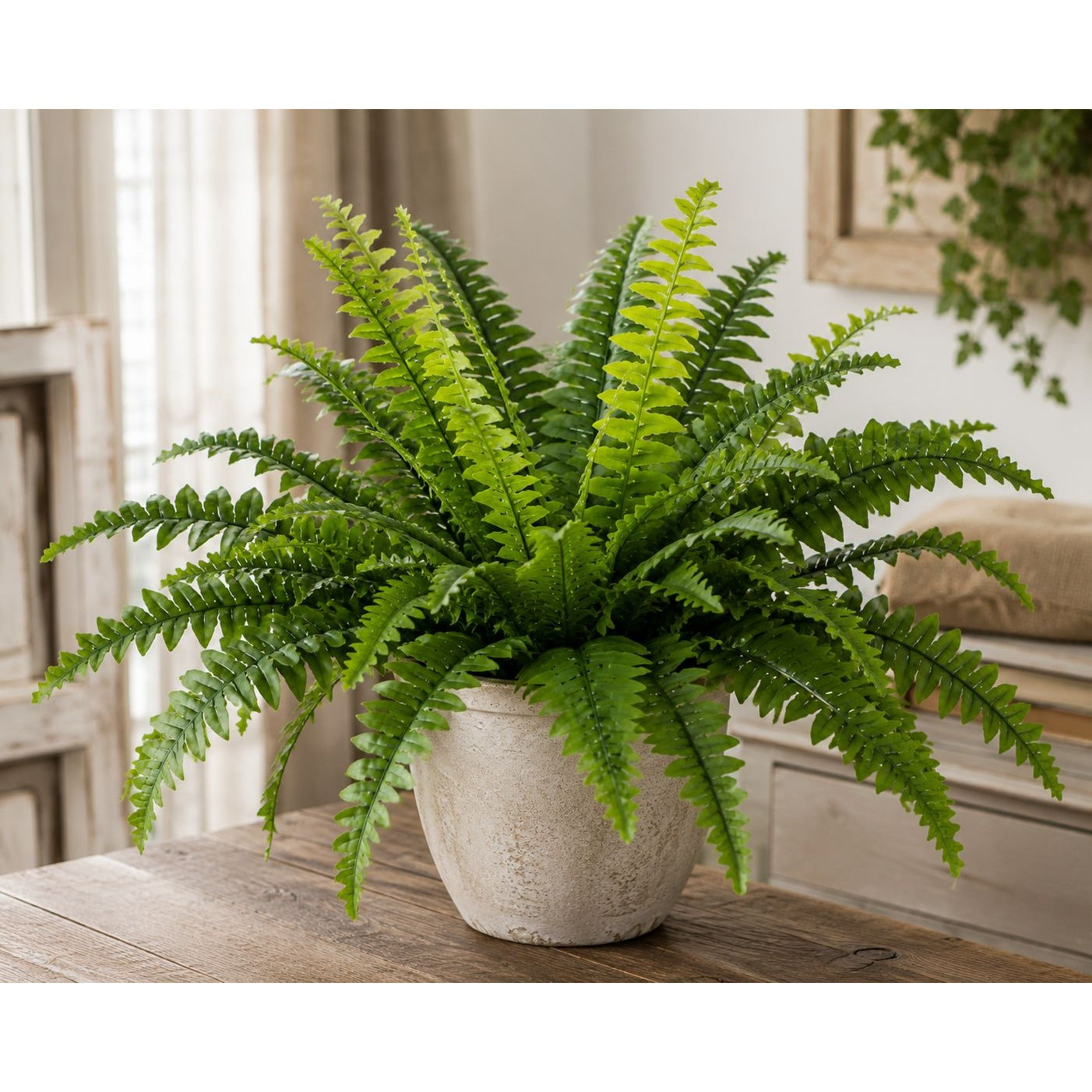 Set of 2 Faux Boston Fern Bushes 21 Inch Artificial Fern Greenery Bushes Realistic Indoor Outdoor Planter Filler Decor