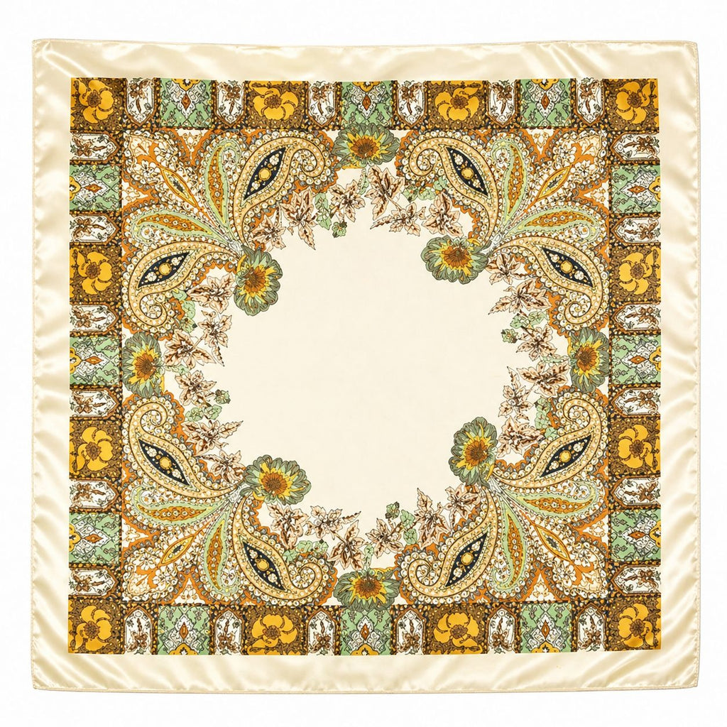 Luxury Paisley Floral Satin Scarf for Women – 27” Square Cream Gold Sage Green Polyester Satin Scarf, Elegant Boho Headscarf Neck Scarf