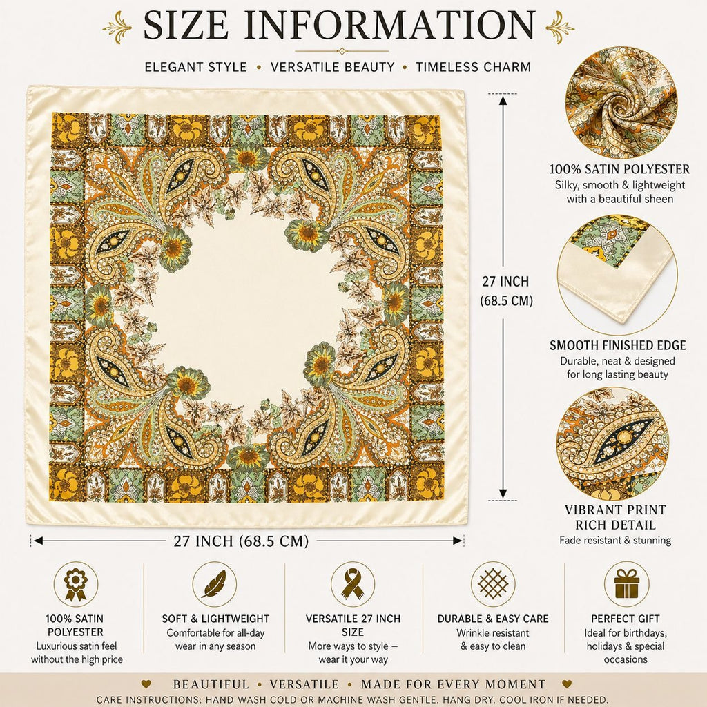Product size information with decorative pattern and text on a white background