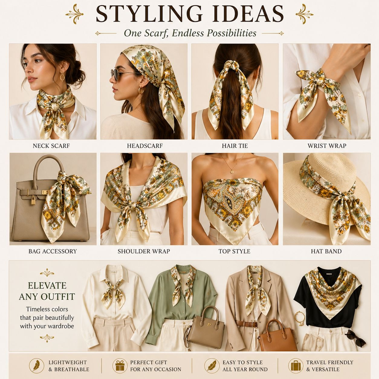 Styling ideas for a scarf with various ways to wear it on people and accessories.