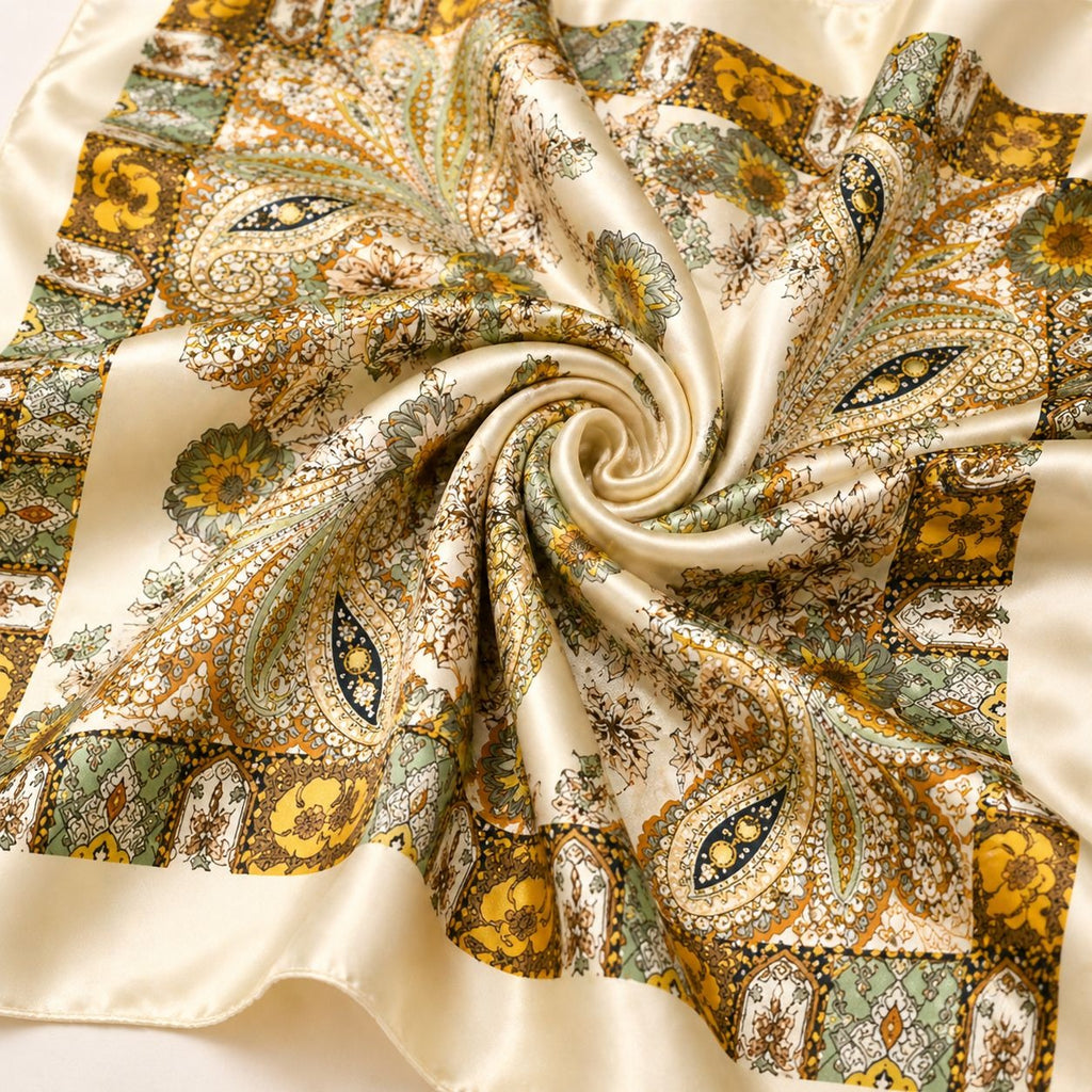 Luxury Paisley Floral Satin Scarf for Women – 27” Square Cream Gold Sage Green Polyester Satin Scarf, Elegant Boho Headscarf Neck Scarf
