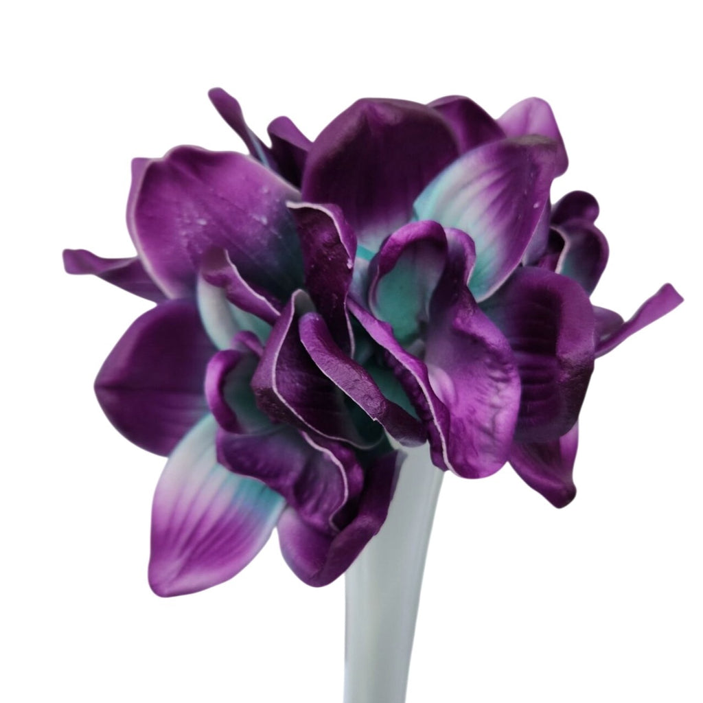 Artificial Purple Teal Orchids 5 Stems Faux Flowers Tropical Decor Wedding Crafts