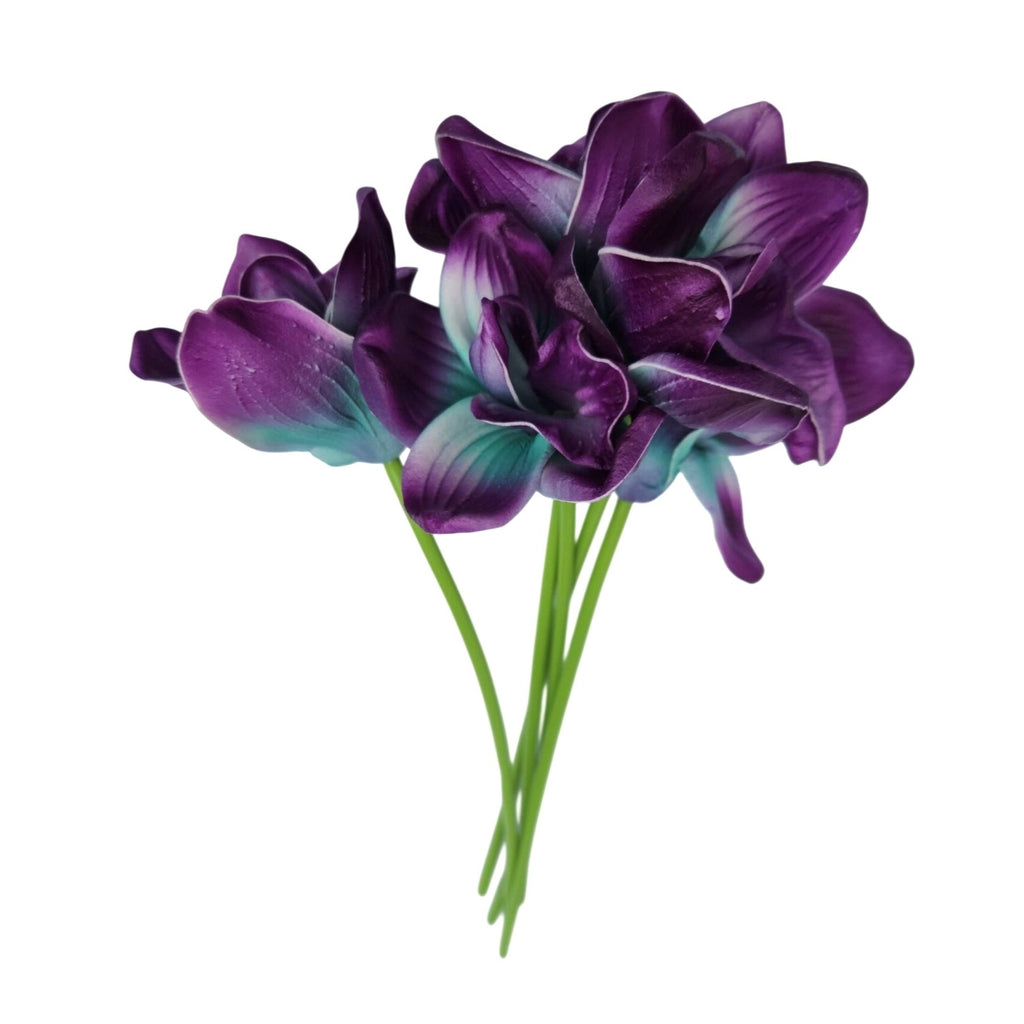 Artificial Purple Teal Orchids 5 Stems Faux Flowers Tropical Decor Wedding Crafts