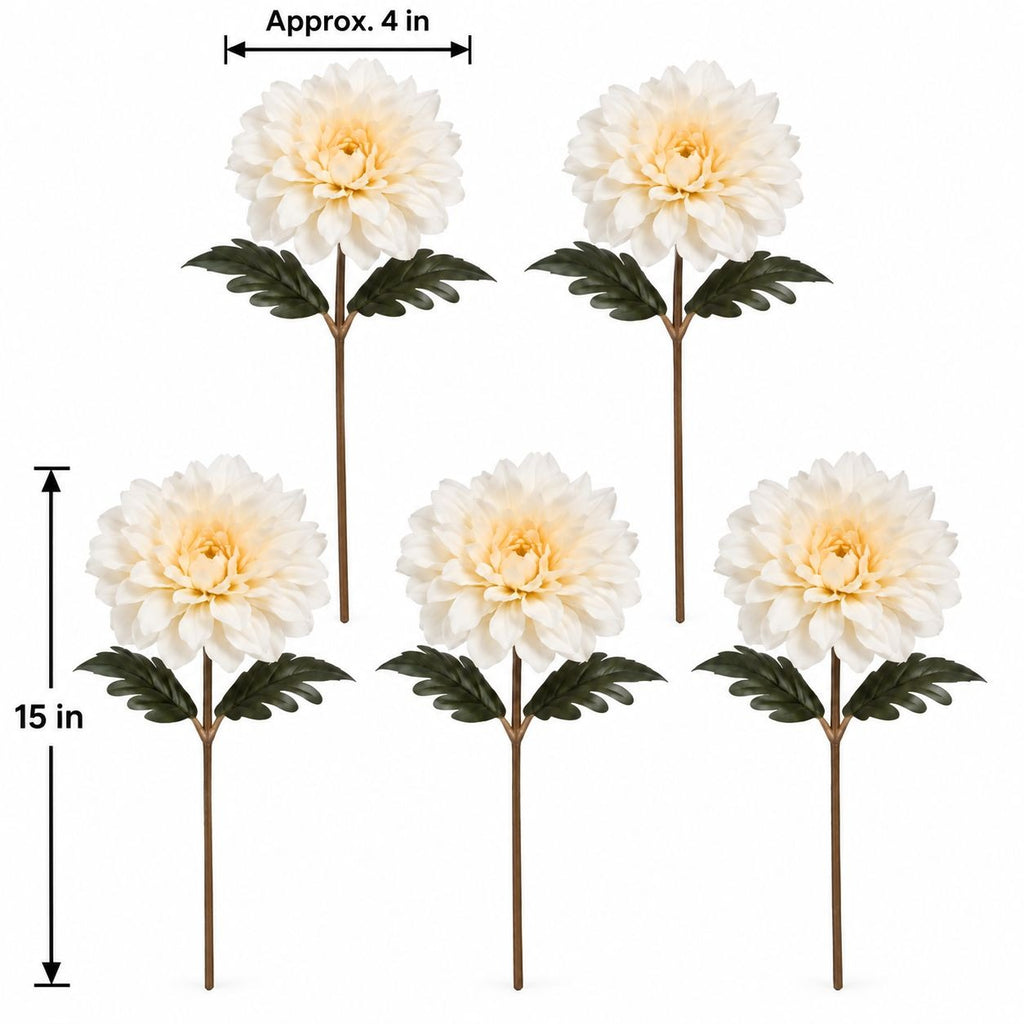 Five artificial dahlia flowers with cream-white petals, dark green leaves, and brown stems, shown on a white background with size markers indicating approximately 4 inches wide and 15 inches tall.