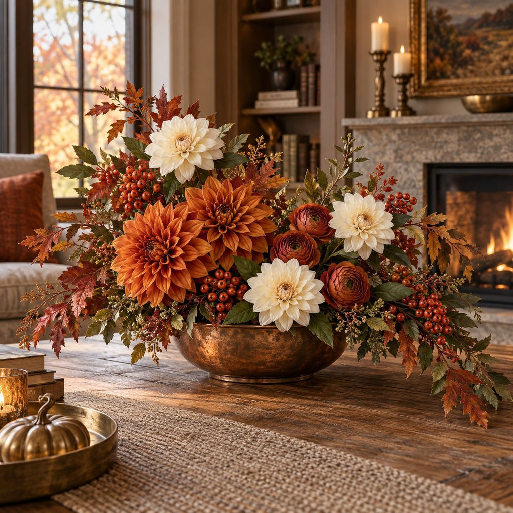 A large copper-toned bowl filled with an autumn floral arrangement featuring orange and white dahlias, burgundy roses, red berries, and fall leaves, set on a rustic wooden table in a cozy living room with a fireplace in the background.