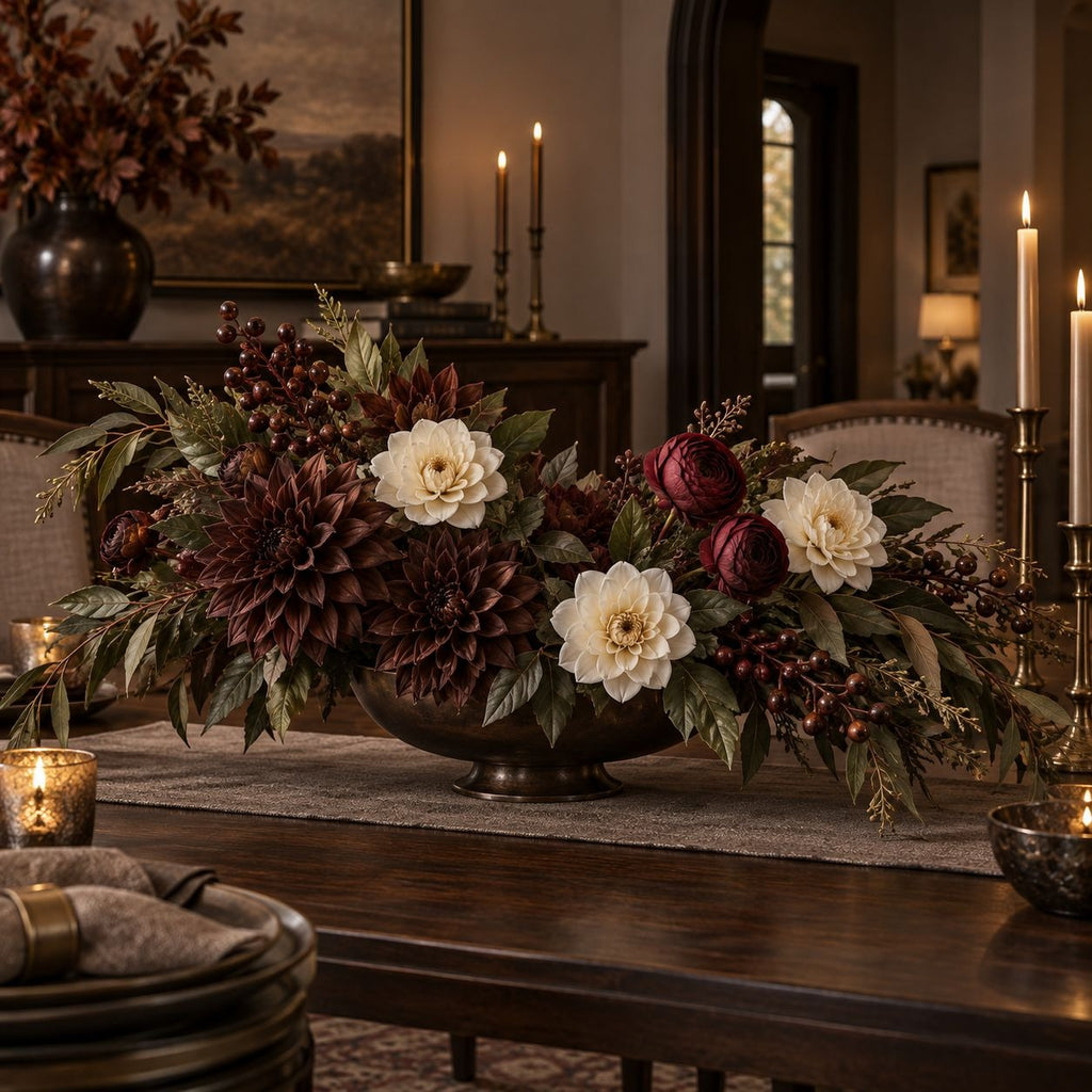 A large floral centerpiece arrangement in a dark bronze bowl, styled on a dining table in a warmly lit, elegant room. The arrangement features deep burgundy dahlias, cream dahlias, green foliage, and dark berries.