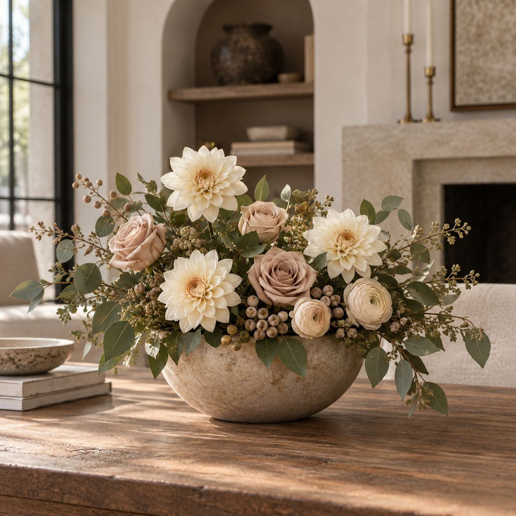 A dried floral arrangement in a round textured beige bowl, placed on a rustic wooden table in a warm, neutral-toned living room setting.