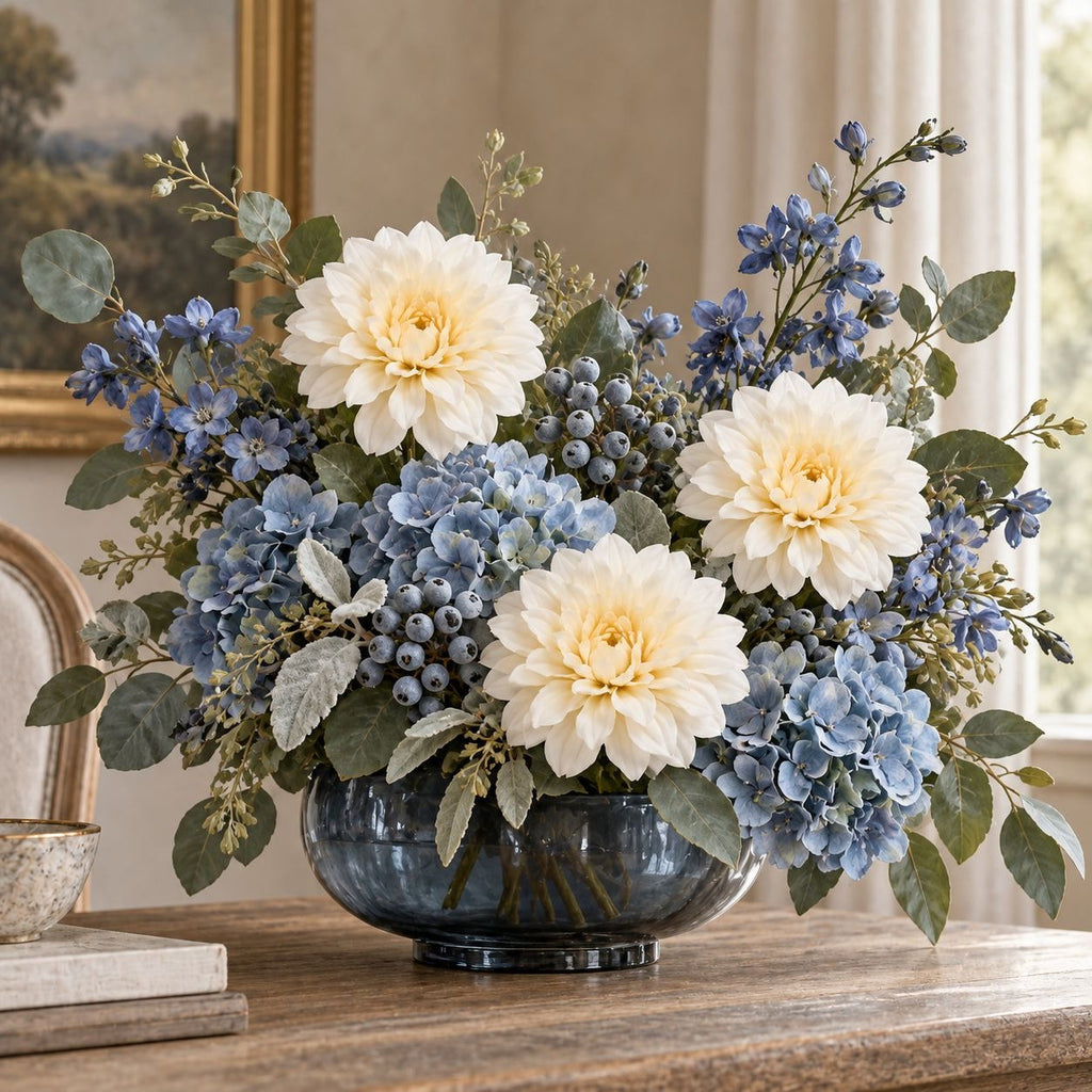 A floral arrangement in a dark blue glass vase, featuring two large cream dahlias, blue hydrangeas, and green foliage, displayed on a wooden table in an elegant interior setting.