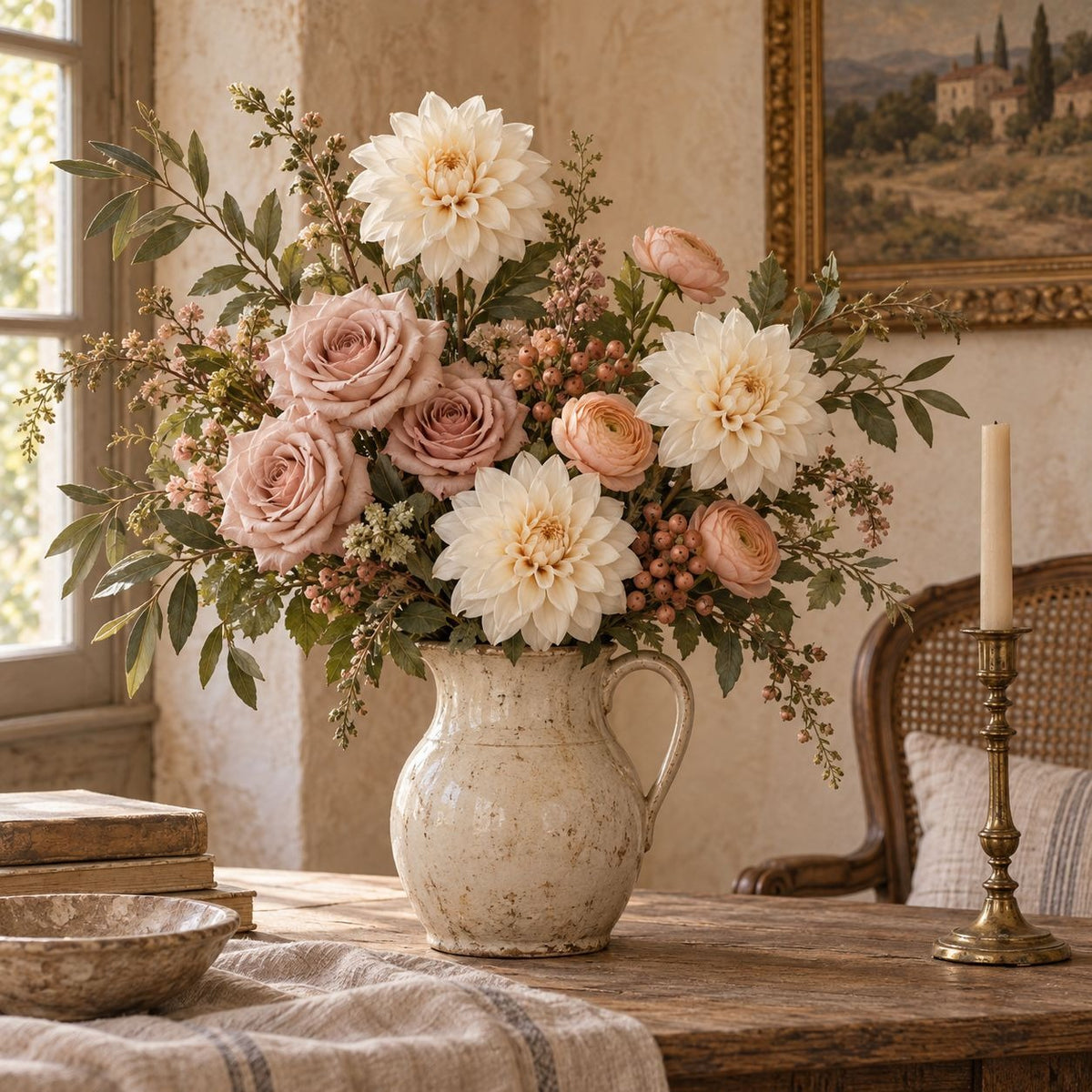 A large floral arrangement in a distressed ceramic pitcher vase, featuring cream dahlias, blush pink roses, peach canesels, and green foliage, displayed on a rustic wooden table in a warm, vintage-style room.