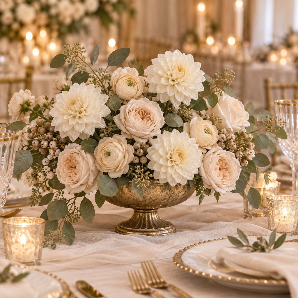 An elegant floral centerpiece arrangement in a gold pedestal bowl, featuring large cream dahlias, blush peach roses, and green foliage, set on a decorated wedding table with lit candles and goldware.