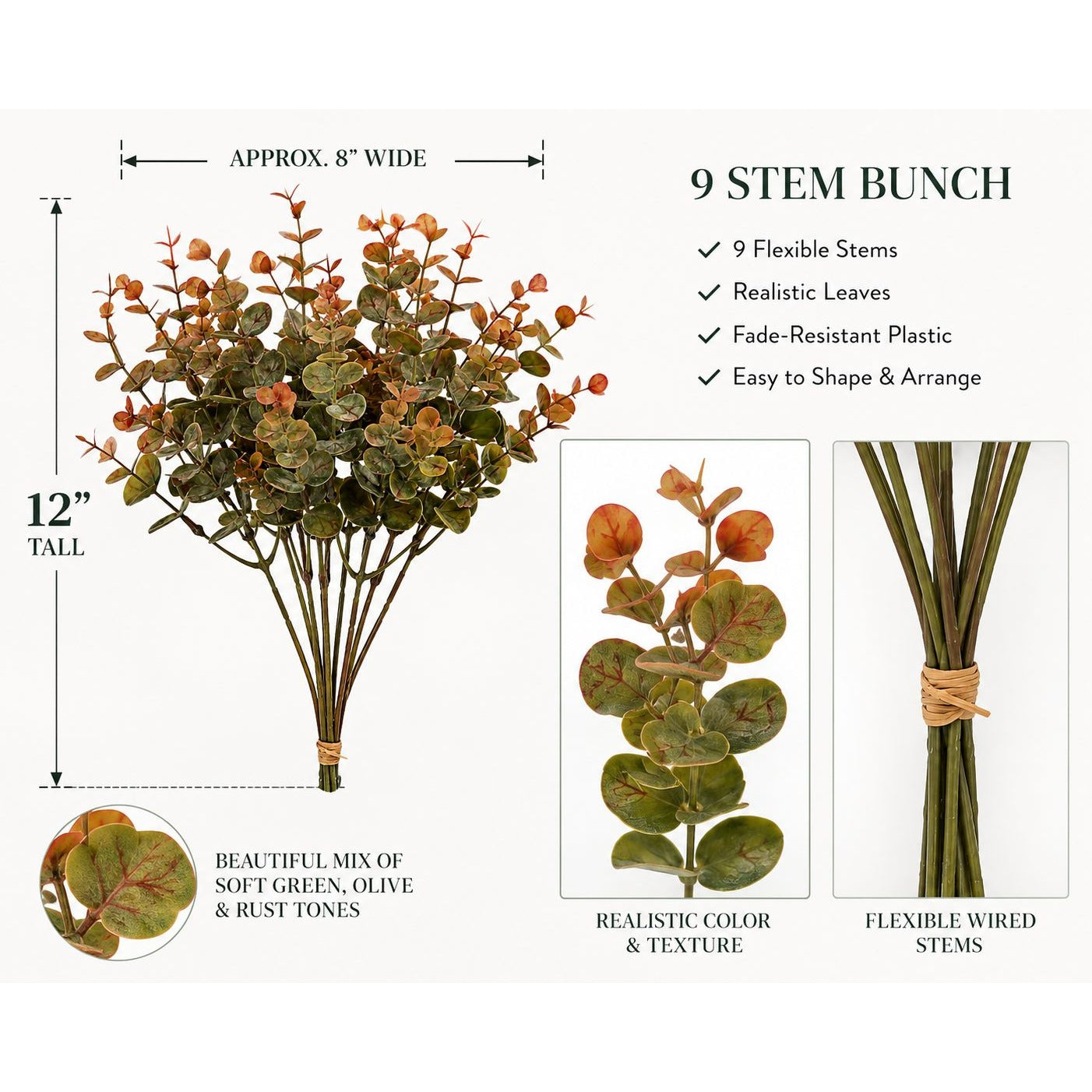 Artificial Eucalyptus Stems Faux Eucalyptus Bundle Fall Greenery Autumn Eucalyptus Picks Vase Filler Rustic Wedding Decor 9 Stem Bunch