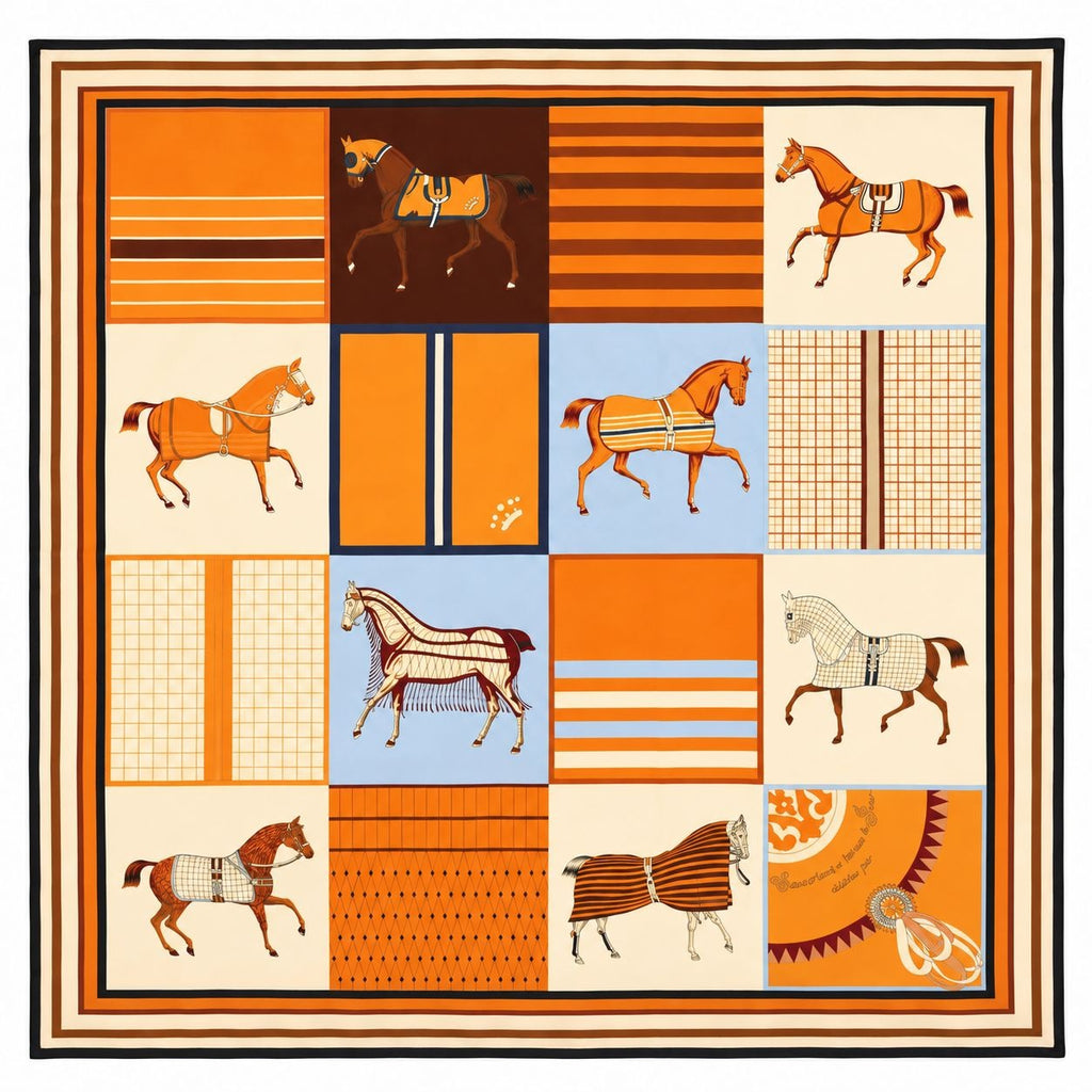 A square patchwork-style scarf or textile print featuring multiple illustrated horses in orange, brown, cream, blue, and beige panels, surrounded by a wide cream border with thin orange and dark trim.