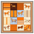 A square patchwork-style scarf or textile print featuring multiple illustrated horses in orange, brown, cream, blue, and beige panels, surrounded by a wide cream border with thin orange and dark trim.