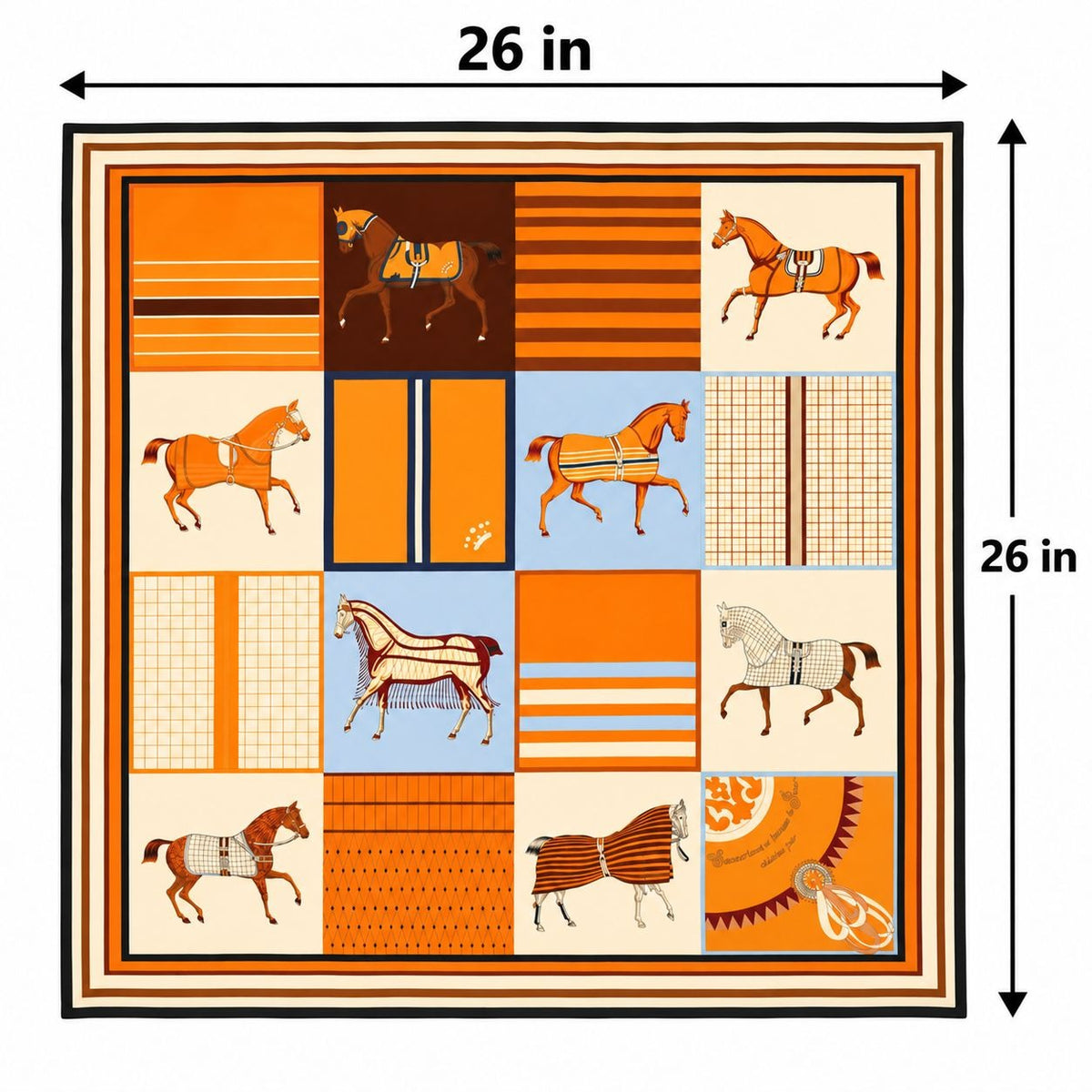 A square textile or scarf design shown with dimension arrows labeled 26 in by 26 in. The product features a patchwork-style horse pattern in orange, brown, cream, and light blue, with striped, checkered, and illustrated horse panels.