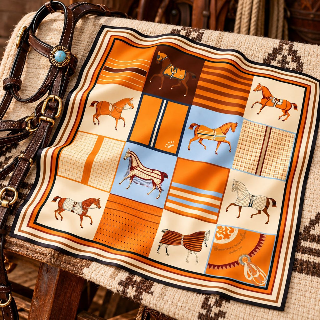 An orange and beige silk scarf with a patchwork design featuring illustrations of horses, shown draped over a brown leather bridle on a rustic woven textile background.