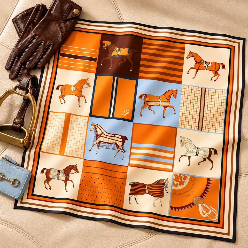 An orange and beige silk scarf with a patchwork design of horses and stripes, styled on a beige leather surface with brown leather gloves, a horse bit, and a small blue leather accessory.