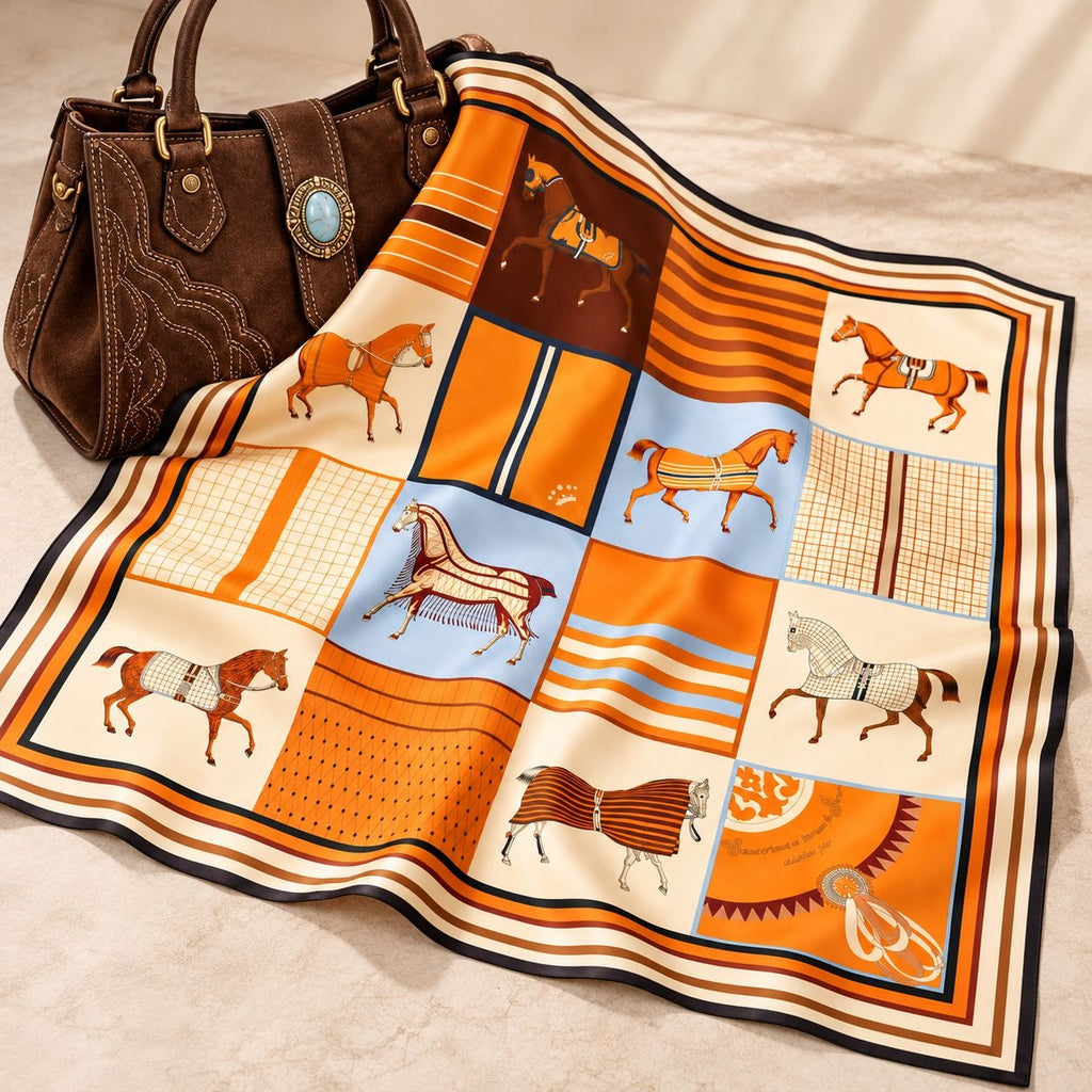 An orange and beige silk scarf with a patchwork design of horses and stripes, styled next to a brown leather handbag on a beige surface.