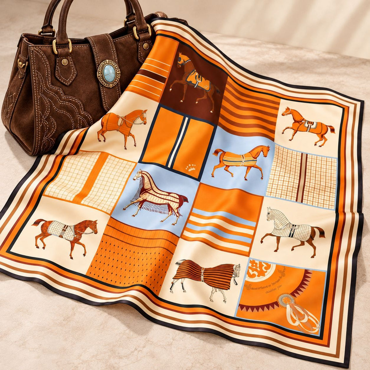 An orange and beige silk scarf with a patchwork design of horses and stripes, styled next to a brown leather handbag on a beige surface.