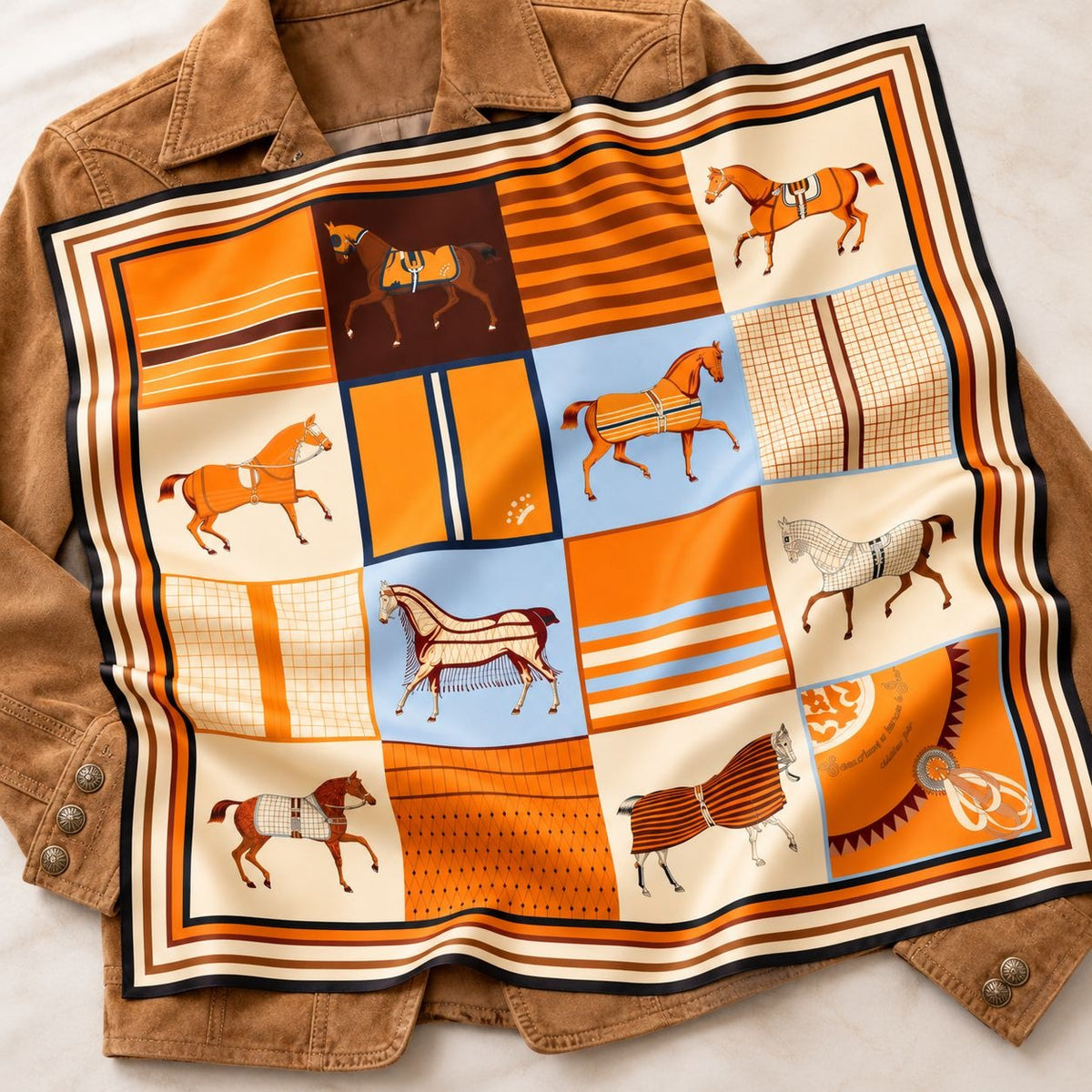 A square silk scarf with an equestrian patchwork design, featuring various horse illustrations and striped, checkered, and solid pattern blocks in orange, beige, blue, and brown. The scarf is styled flat on a brown suede jacket against a light off-white background.
