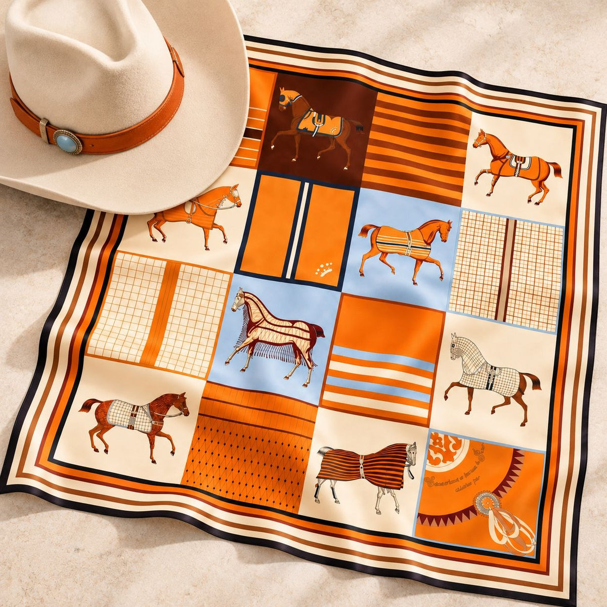 An orange and beige patchwork silk scarf with horse illustrations, styled with a white cowboy hat on a neutral beige surface.