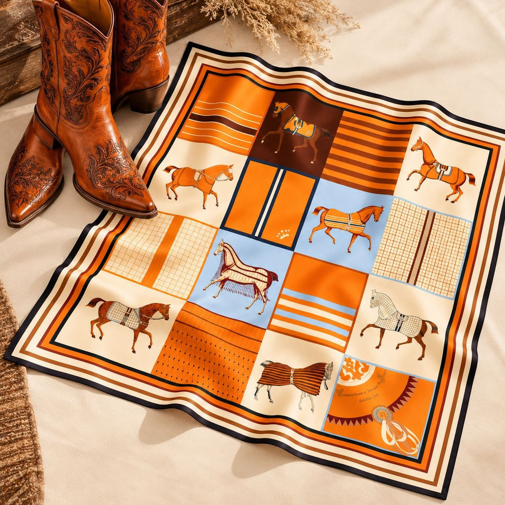 Equestrian Scarf 26x26 Horse Print Western Square Scarf Orange Brown Cream
