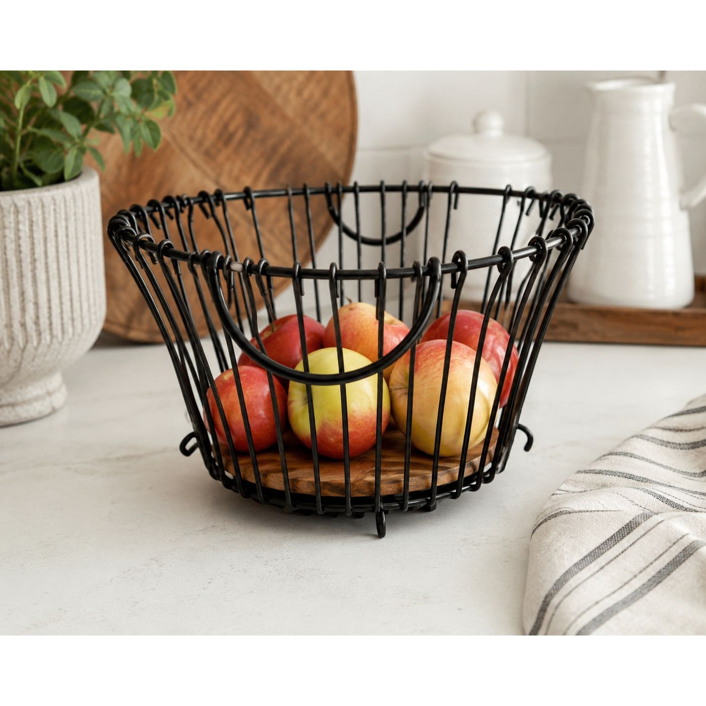 Black Wire Basket With Removable Wood Base Rustic Modern Storage Decor