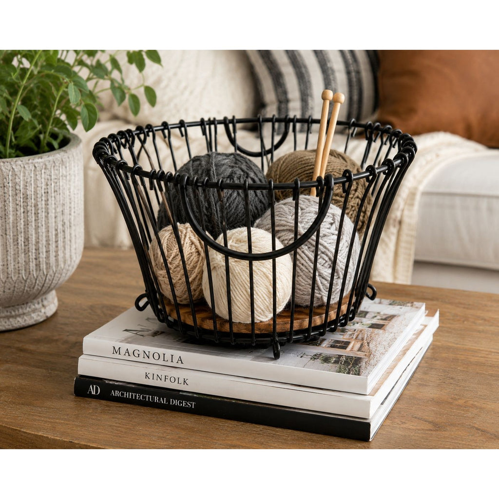 Black Wire Basket With Removable Wood Base Rustic Modern Storage Decor