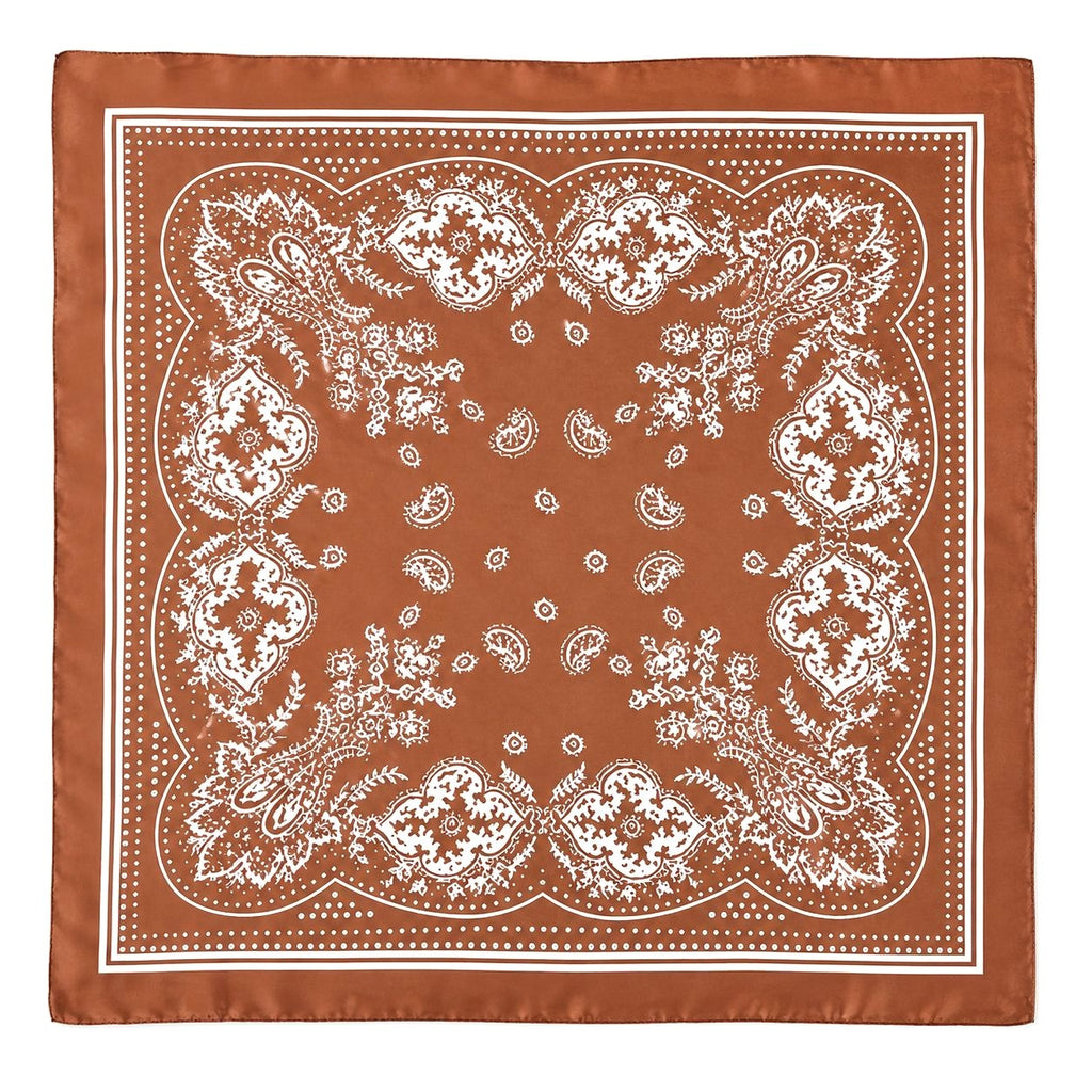 Womens Satin Paisley Wild Rag Scarf Cognac Brown Ivory Western Cowgirl Hair Neck Scarf 35x35