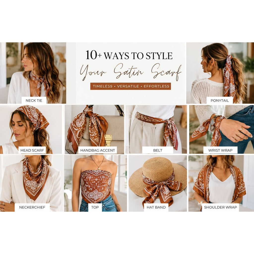 Womens Satin Paisley Wild Rag Scarf Cognac Brown Ivory Western Cowgirl Hair Neck Scarf 35x35