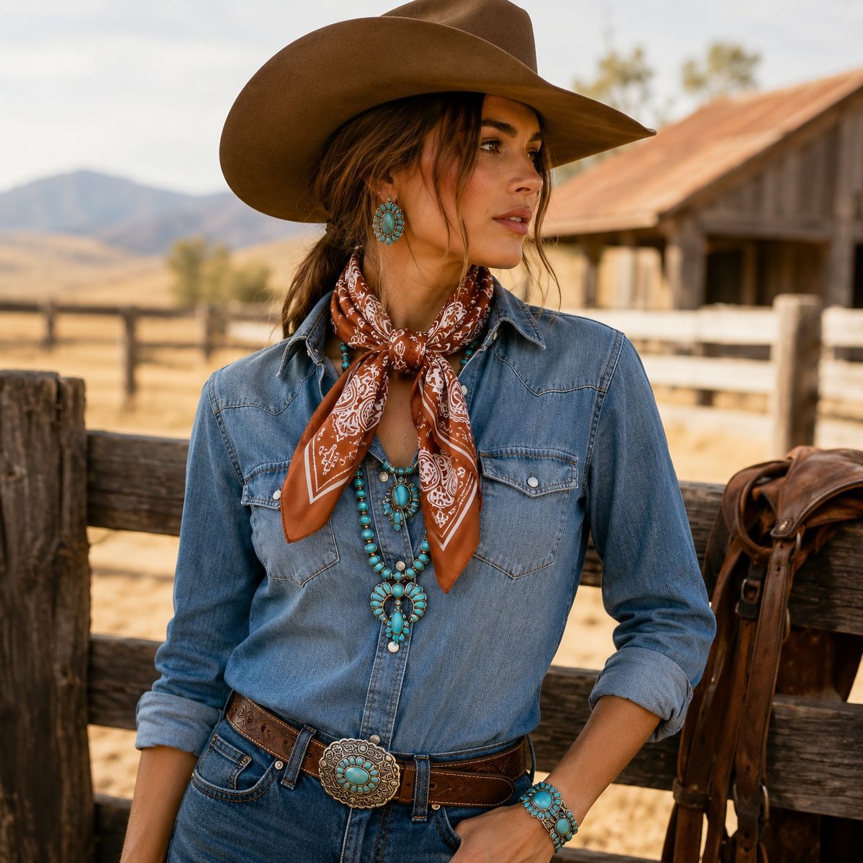 Womens Satin Paisley Wild Rag Scarf Cognac Brown Ivory Western Cowgirl Hair Neck Scarf 35x35