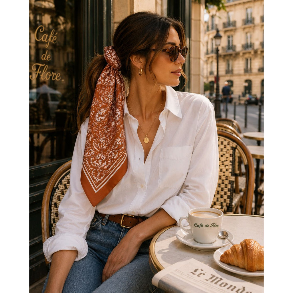 Womens Satin Paisley Wild Rag Scarf Cognac Brown Ivory Western Cowgirl Hair Neck Scarf 35x35