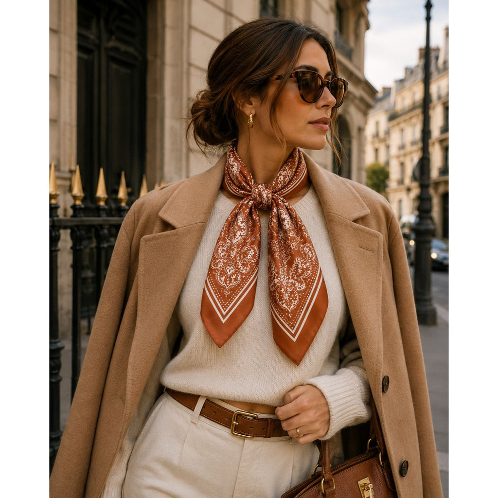 Womens Satin Paisley Wild Rag Scarf Cognac Brown Ivory Western Cowgirl Hair Neck Scarf 35x35