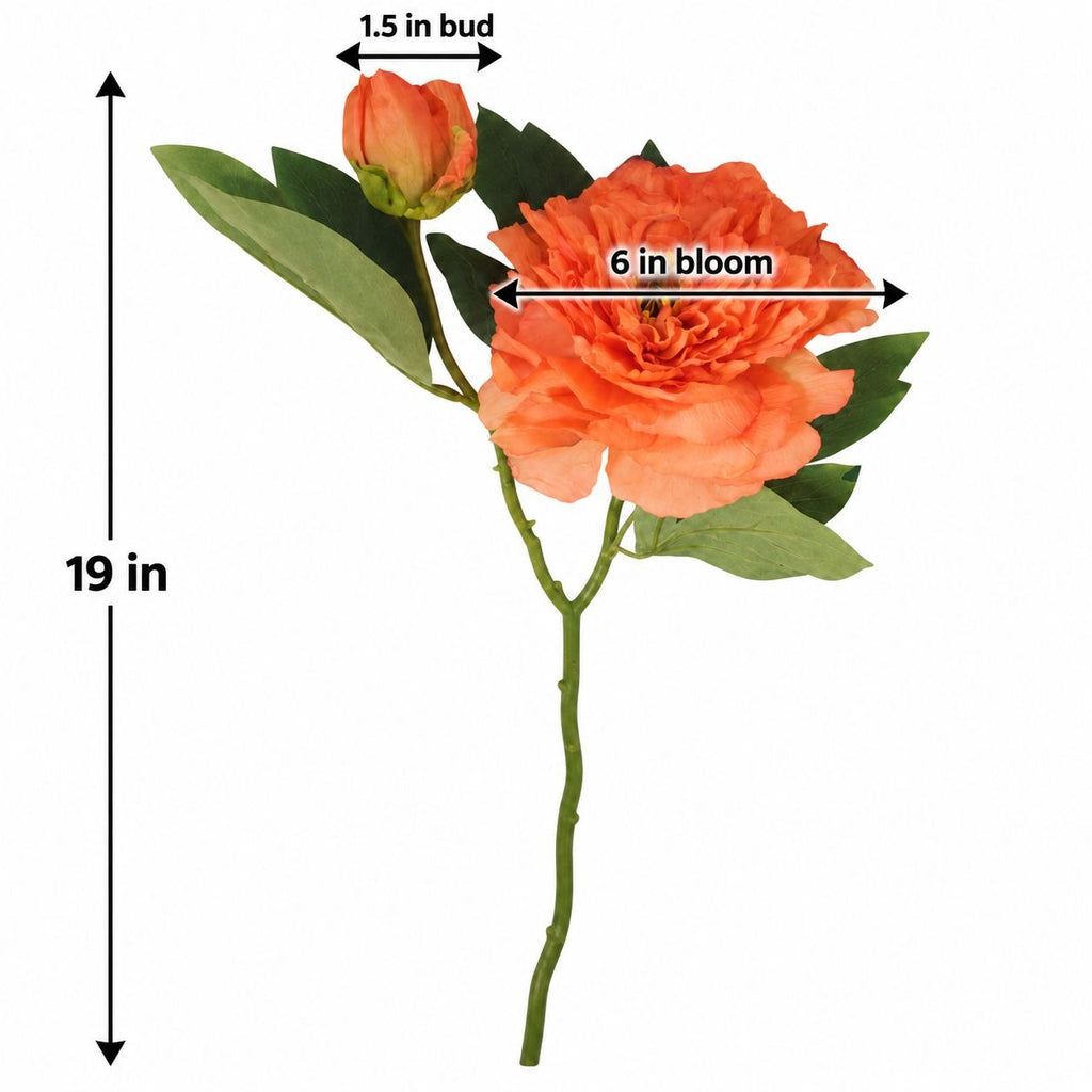 Coral Orange Artificial Faux Peony Stem, 19 Inch, 6 Inch Bloom