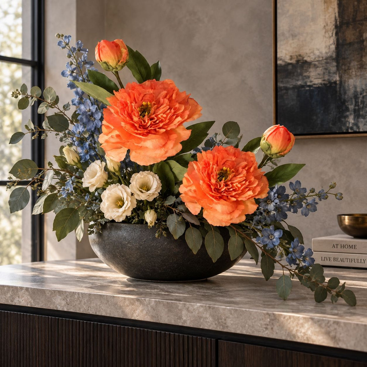 Coral Orange Artificial Faux Peony Stem, 19 Inch, 6 Inch Bloom