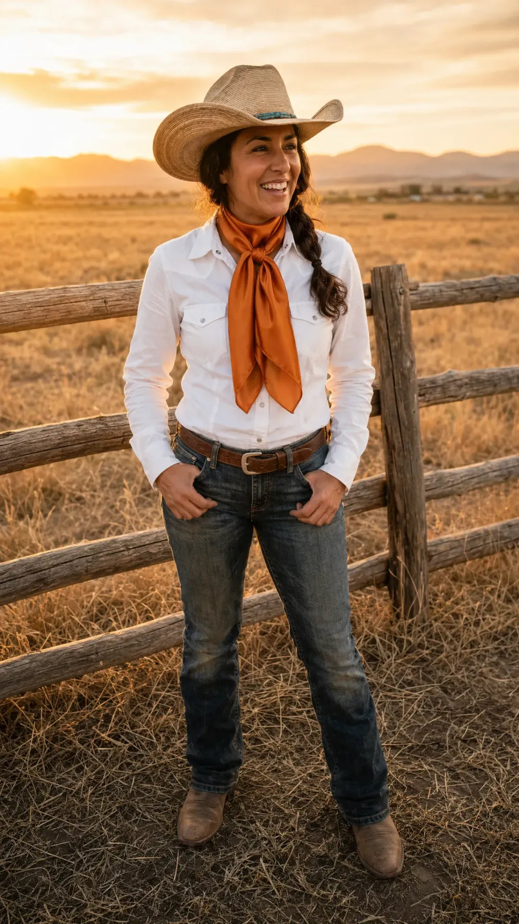 Burnt orange wild rag scarf worn by model in western lifestyle setting