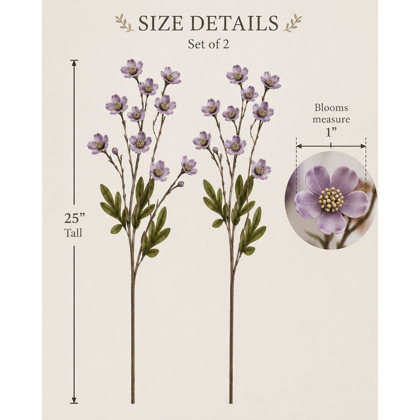 Two artificial flower branches with measurements on a beige background