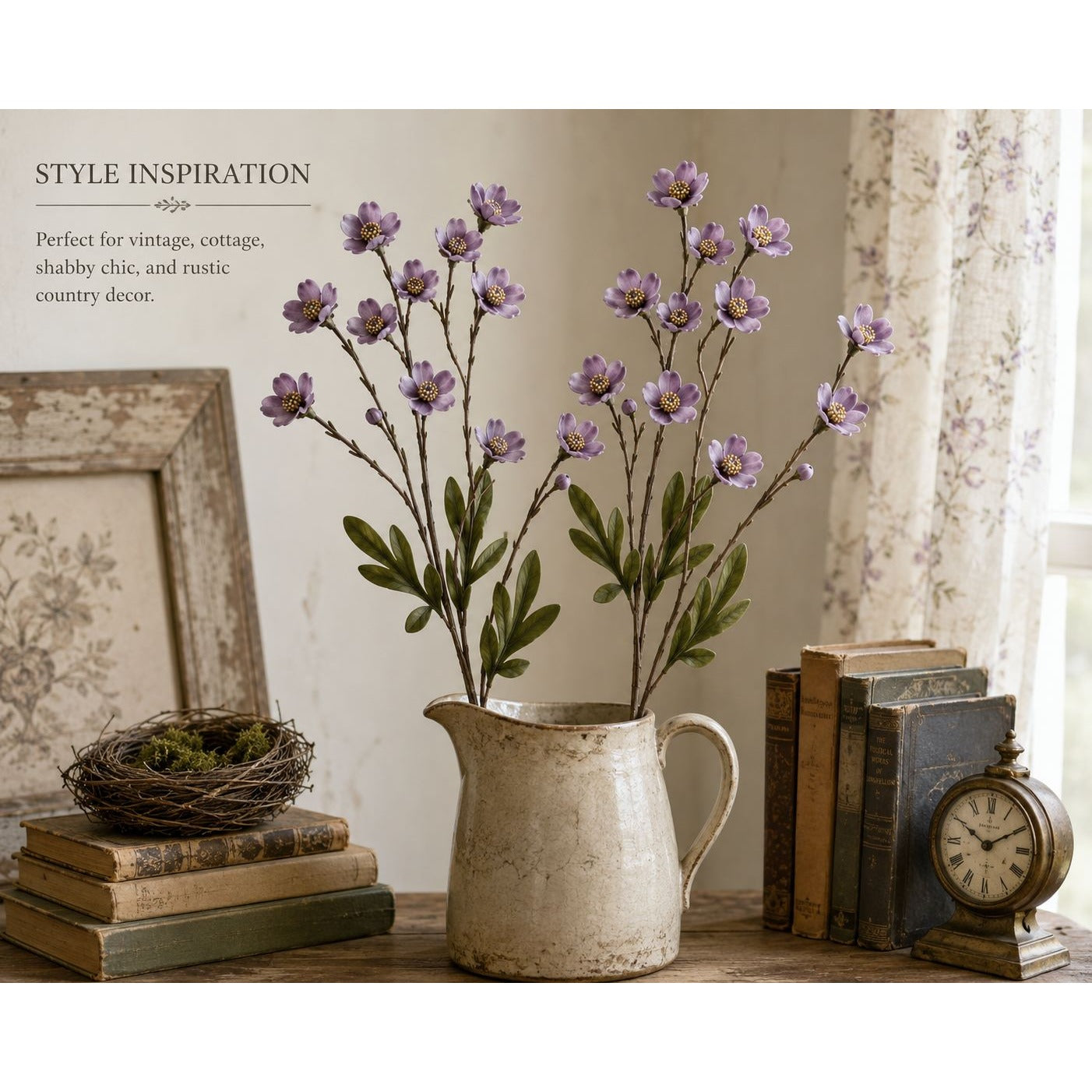 Decorative arrangement with flowers in a pitcher on a table, styled for vintage and rustic decor.