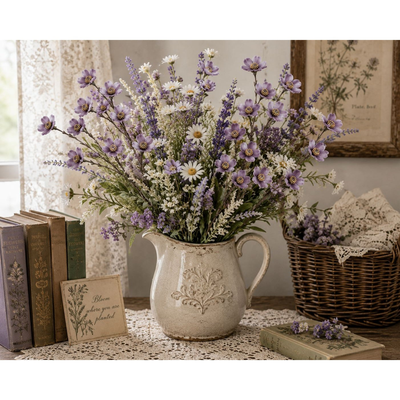 Decorative pitcher with flowers on a table with books and a basket in the background