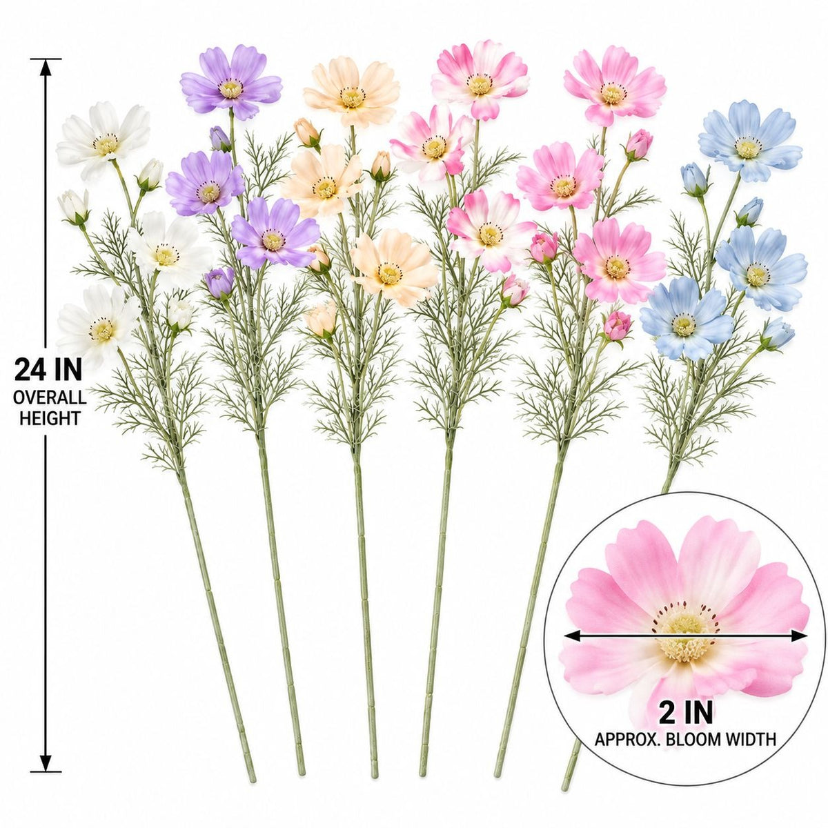 Pastel Artificial Cosmos Stems Set of 6, 24-Inch Faux Wildflowers