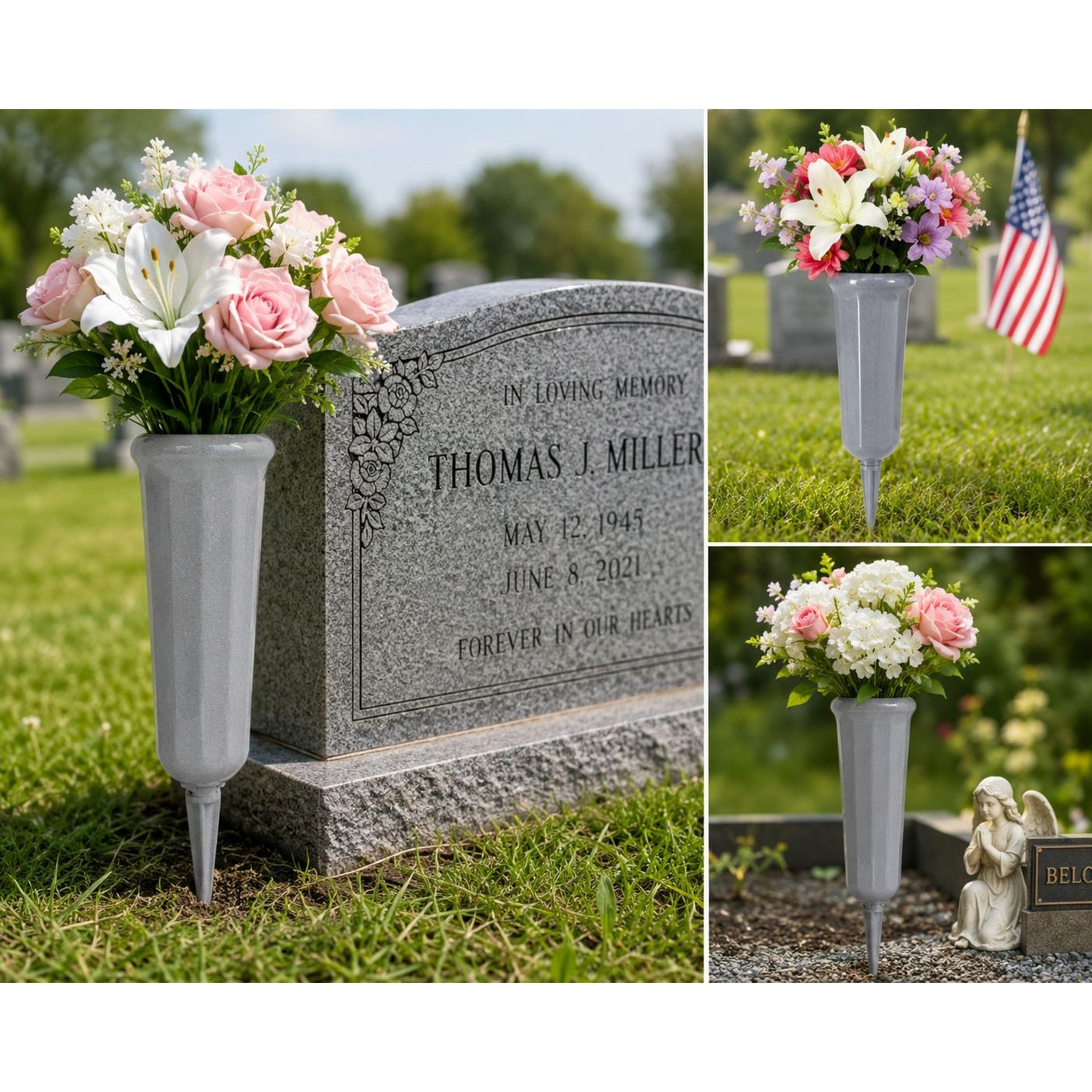 Set of 2 Grave Flower Holders Cemetery Vase with Stake Memorial Floral Vase Outdoor Grave Decoration Plastic Cemetery Flower Holder